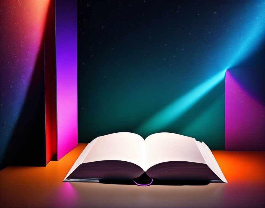 Colorful Lights Illuminate Open Book on Starry Background