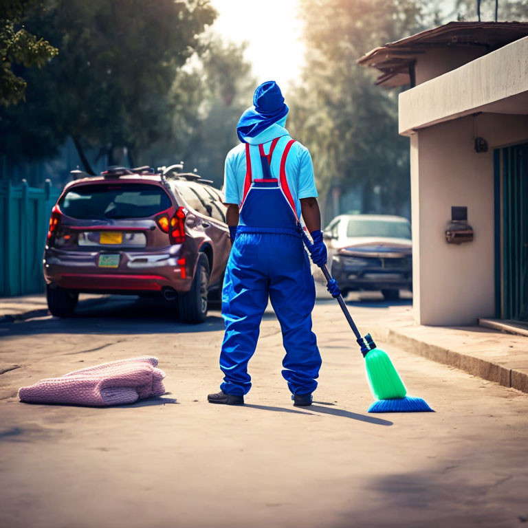 Blue uniformed worker sweeping street near parked cars and roadside.