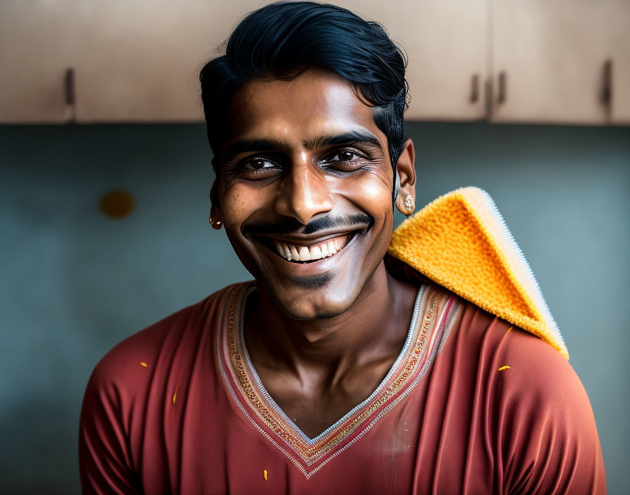 Smiling man with dark hair and towel in kitchen