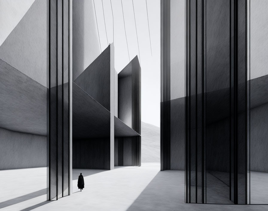 Monochromatic image of person in minimalist architectural space