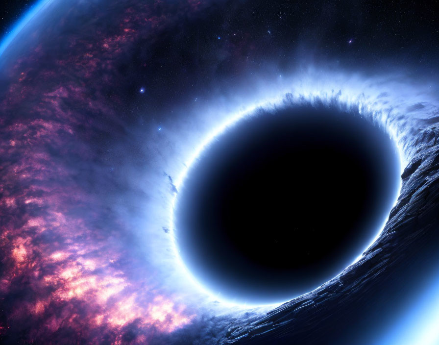 Digital Artwork: Black Hole with Accretion Disk, Cosmic Background, Planet's Edge