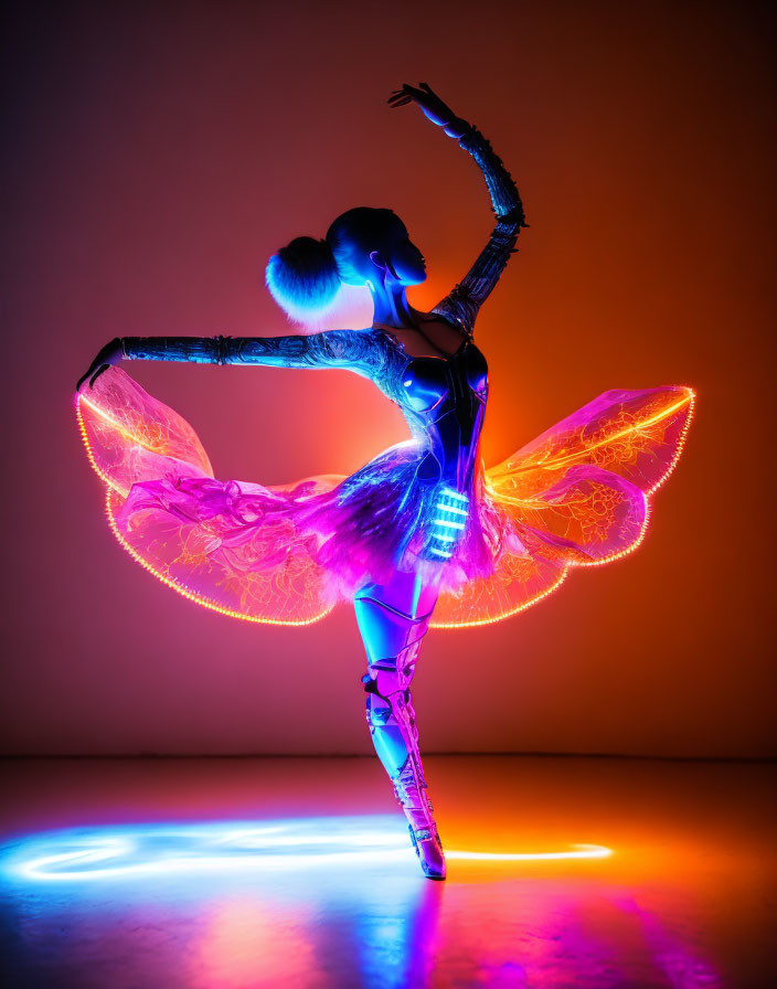 Ballet dancer in tutu with neon lights on orange gradient background