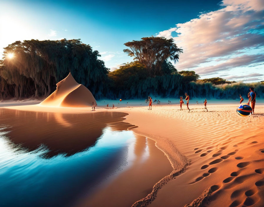 Tranquil oasis: sand dune, blue water, trees, people on shore.