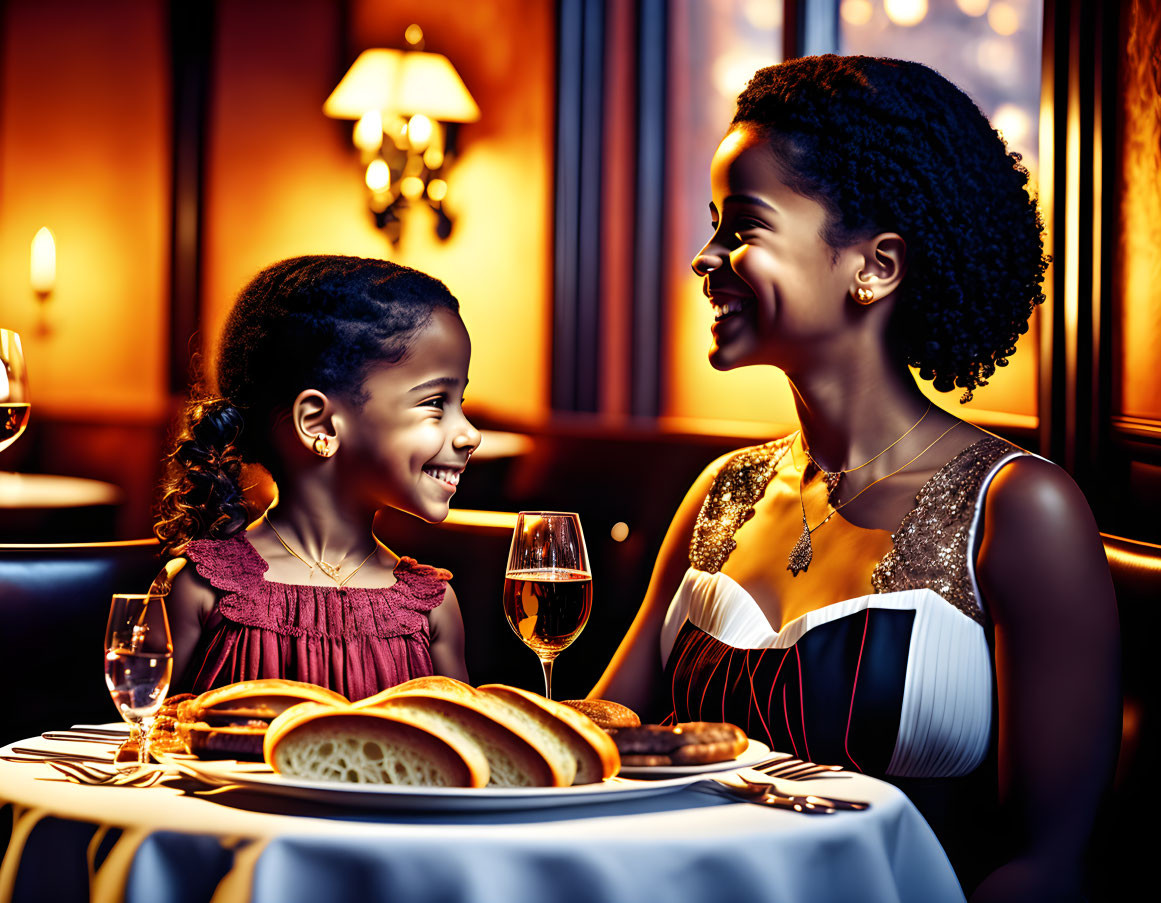 Woman and girl sharing happy moment at dining table with bread and drinks