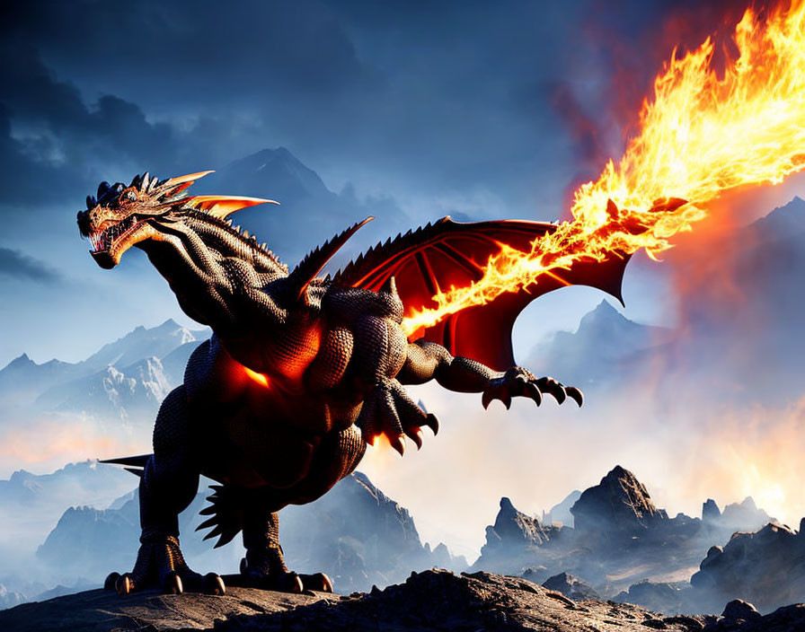 Dragon breathing fire against smoky mountain backdrop at dusk