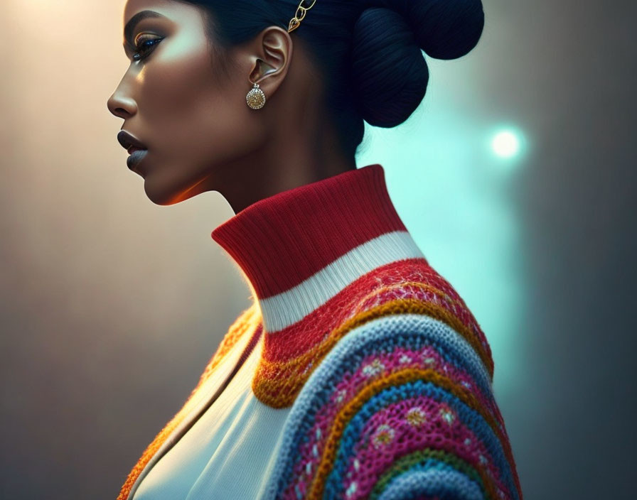 Profile of woman with bun hairstyle in striped high-necked sweater and earring on soft-lit backdrop