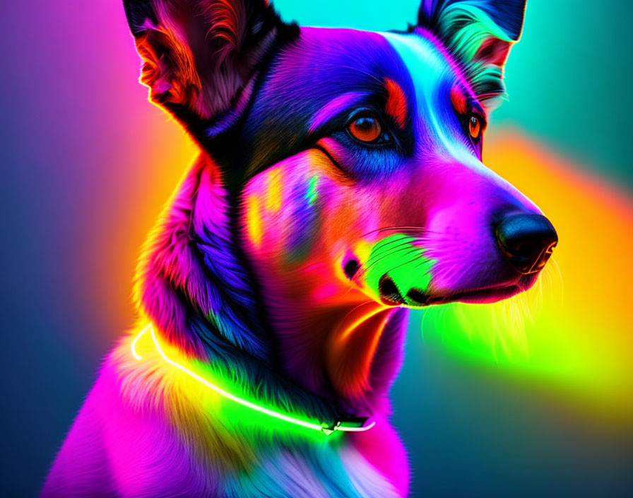 Colorful Neon-Lit Dog Portrait with Glowing Collar