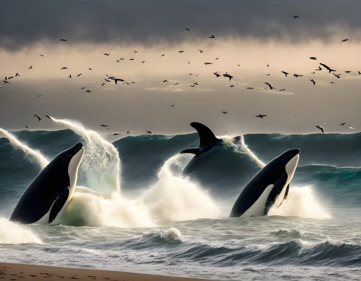 Synchronized orcas breaching in turbulent waves under dramatic sky