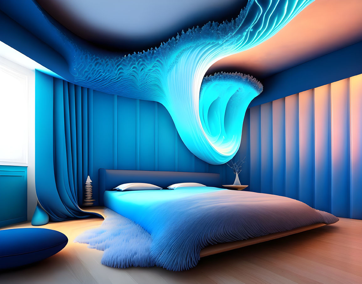 Modern Bedroom with Large Bed, Blue Walls, Wavy Ceiling Design, and Ambient Lighting