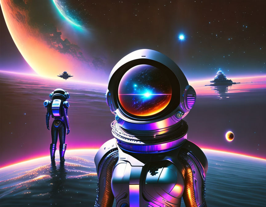 Astronauts in futuristic suits explore vibrant alien landscape