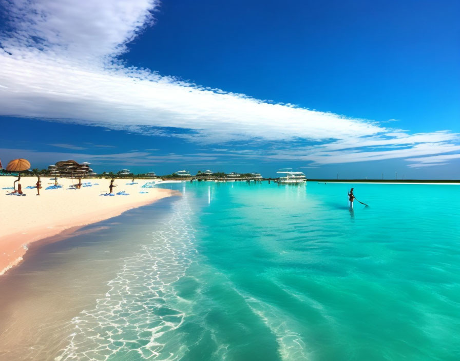 Scenic tropical beach with clear blue waters and tourists on white sands