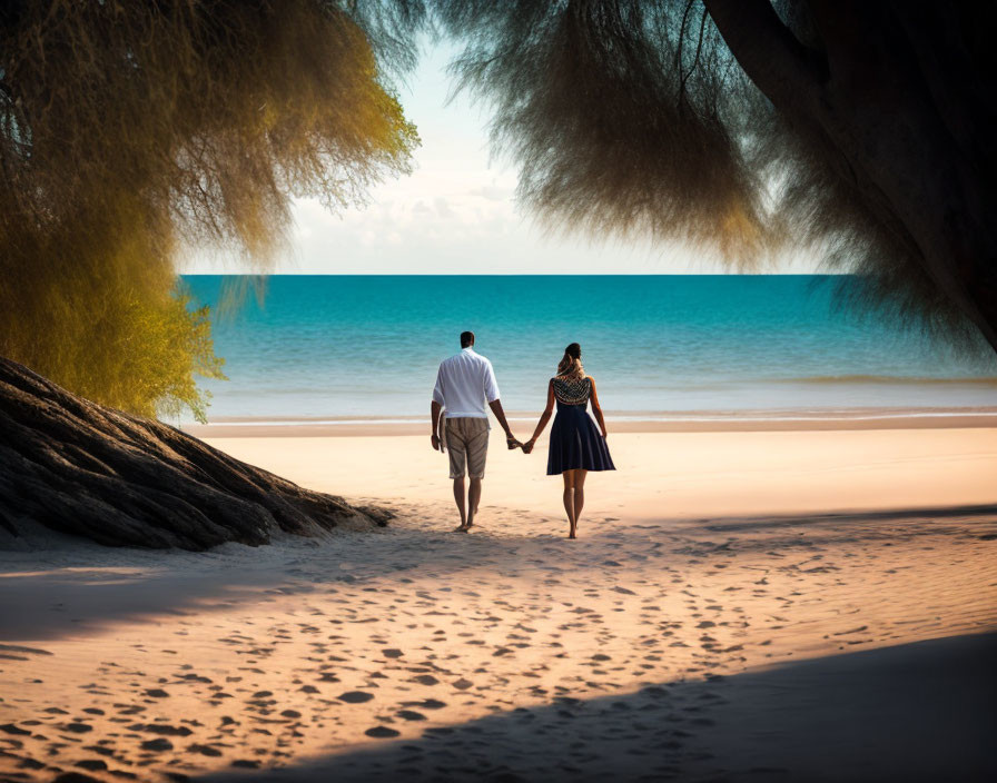 Couple Walking Hand in Hand on Sandy Beach with Sea and Trees