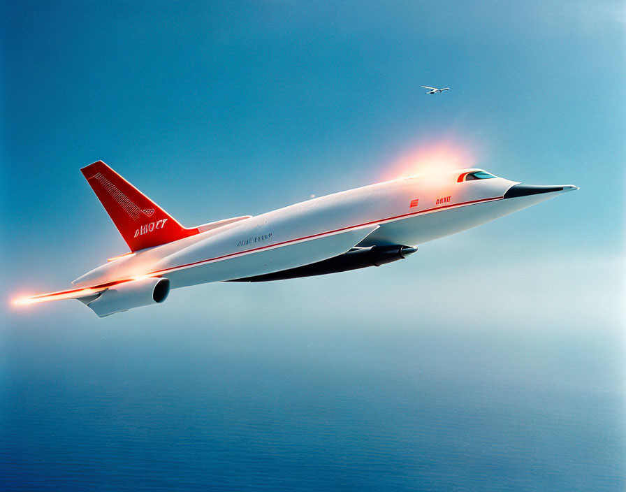 Supersonic aircraft with red and white livery flying high with contrail.