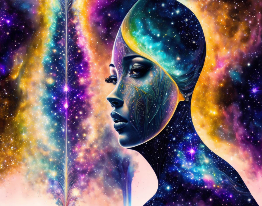 Digital artwork: Woman's profile with cosmic patterns and nebulae background