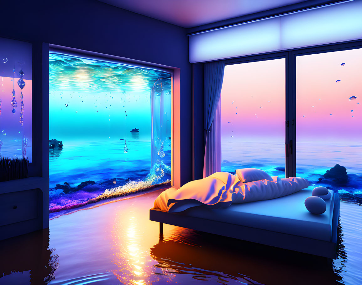 Surreal bedroom with submerged bed, ocean view, bubbles, islands, purple sky