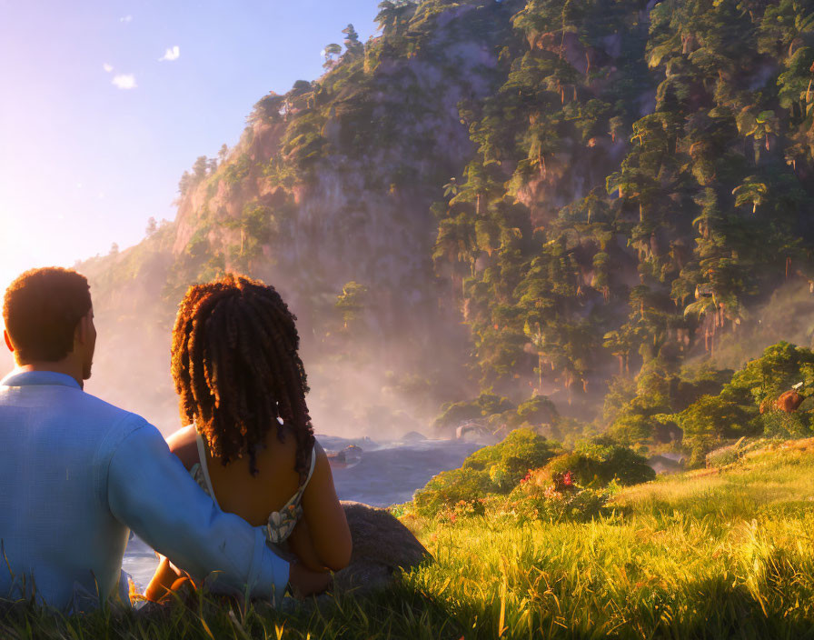 Couple watching sunset on grassy hill near lush forest and river