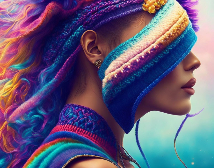 Colorful blindfold woman with rainbow hair in knitted top and earrings, dreamy artistic background