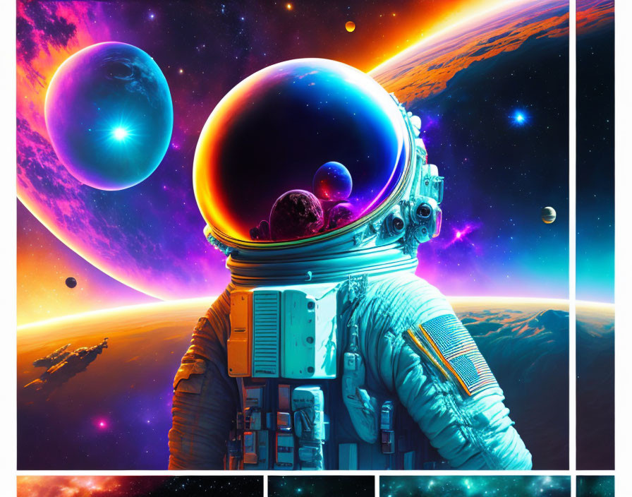 Astronaut in spacesuit with reflective visor in cosmic scene