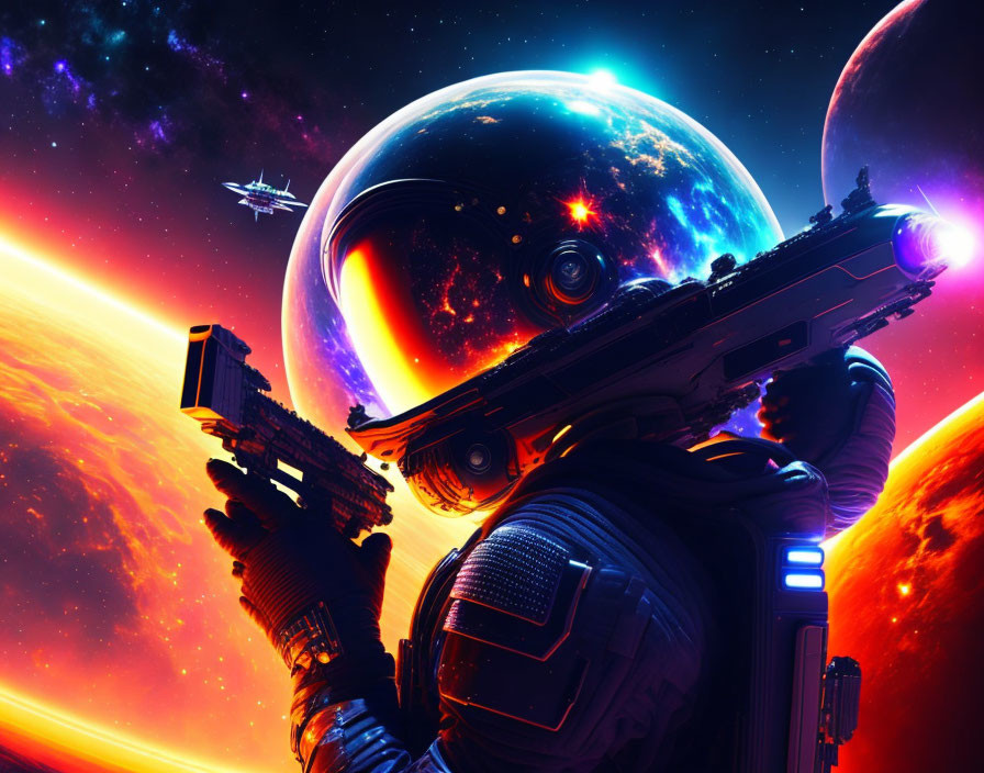 Detailed space suit astronaut observing vibrant cosmic scene with spacecraft and colorful planets.