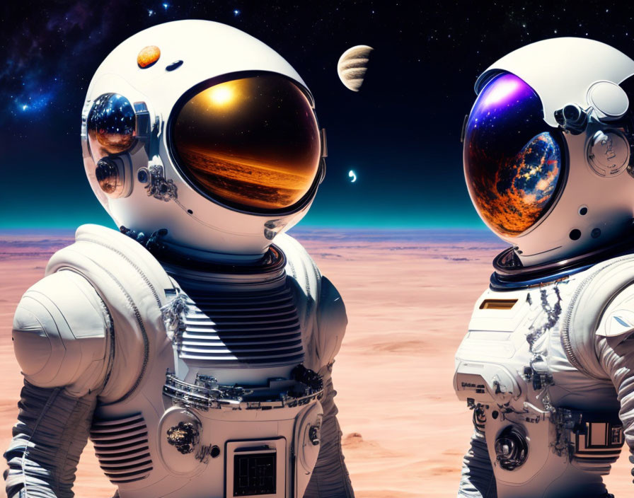 Astronauts with reflective visors on Martian-like surface with space backdrop