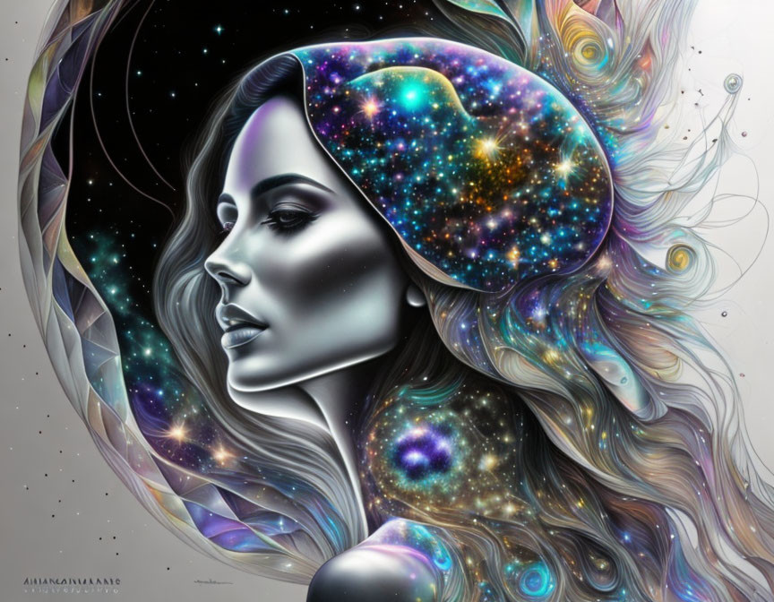 Vibrant surreal portrait of a woman with cosmic hair and galaxies depicted, merging cosmic and human elements