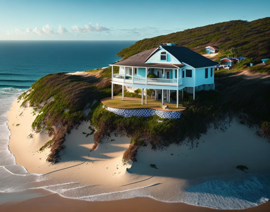 White Two-Story Coastal House with Balcony on Sandy Dune Beach at Sunset