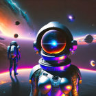 Astronauts in futuristic suits explore vibrant alien landscape