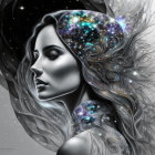 Vibrant surreal portrait of a woman with cosmic hair and galaxies depicted, merging cosmic and human elements