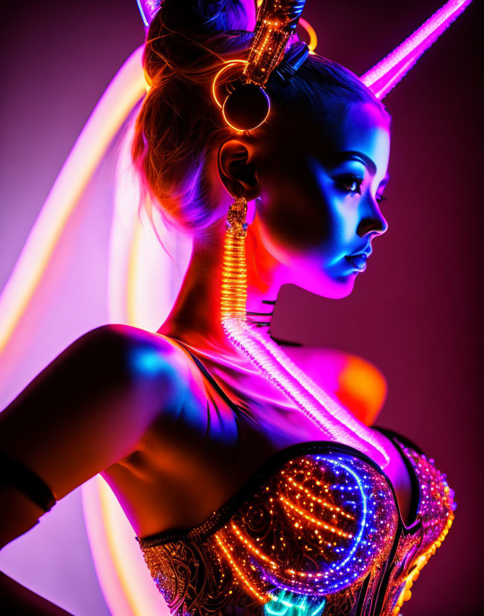 Futuristic woman with neon lights and elaborate makeup in colorful setting