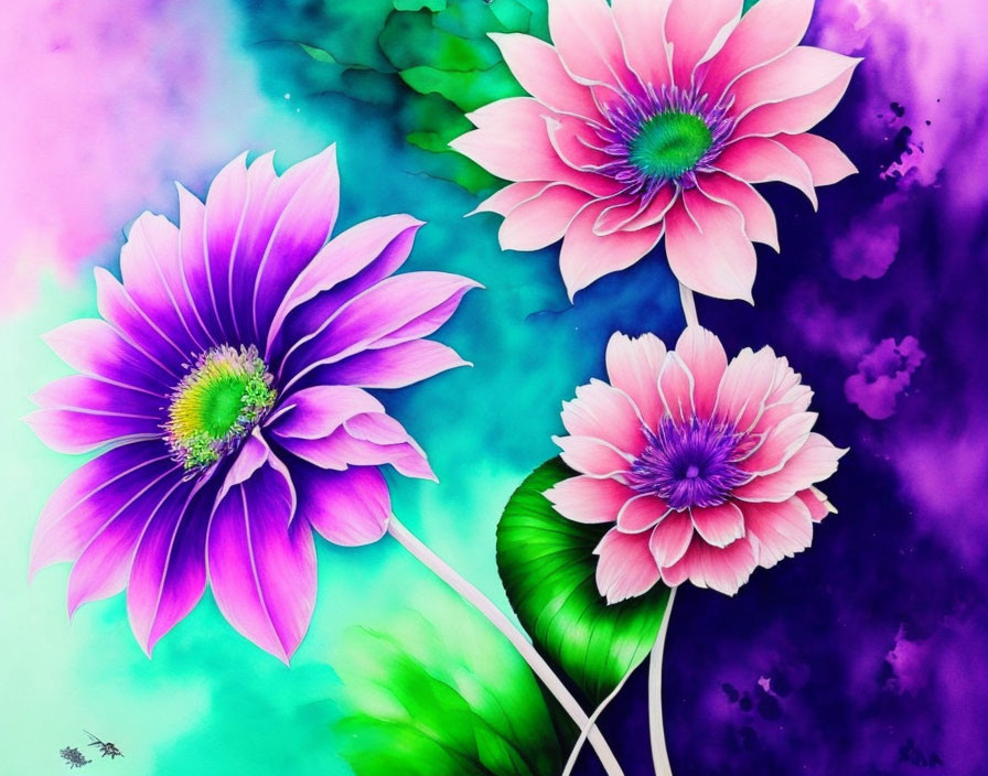 Colorful illustration of three stylized flowers on vibrant background