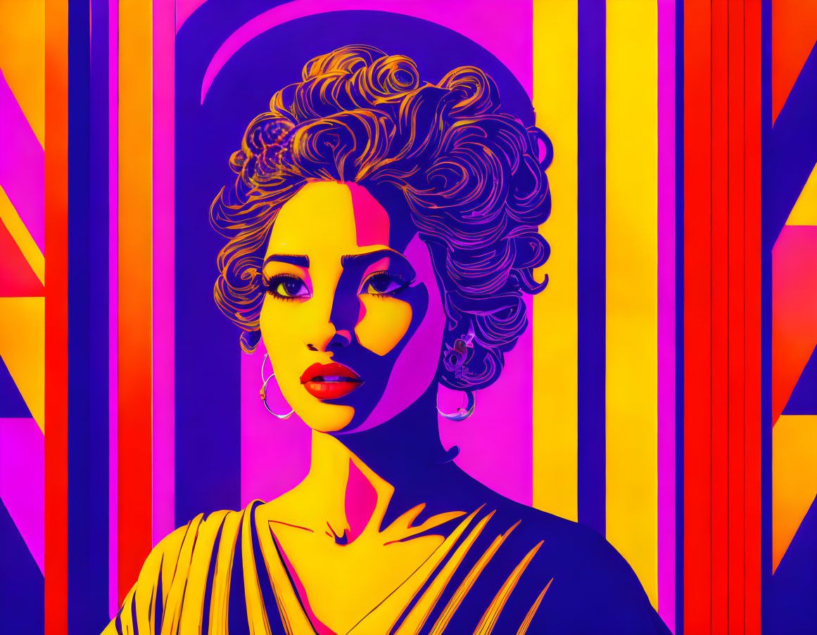 Colorful Pop Art Style Portrait of Woman with Curly Hair