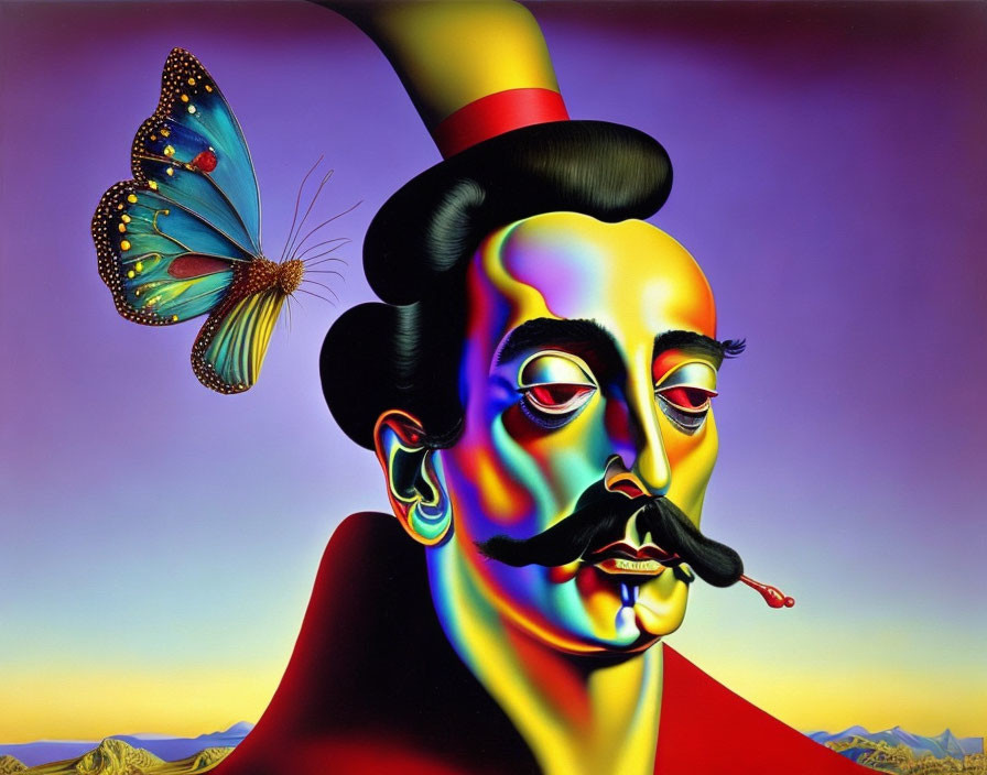 Colorful surrealist portrait with butterfly and desert landscape