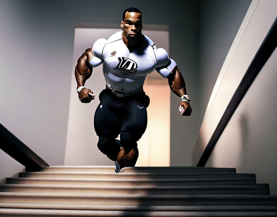 Muscular athlete sprinting up stairs in sports attire