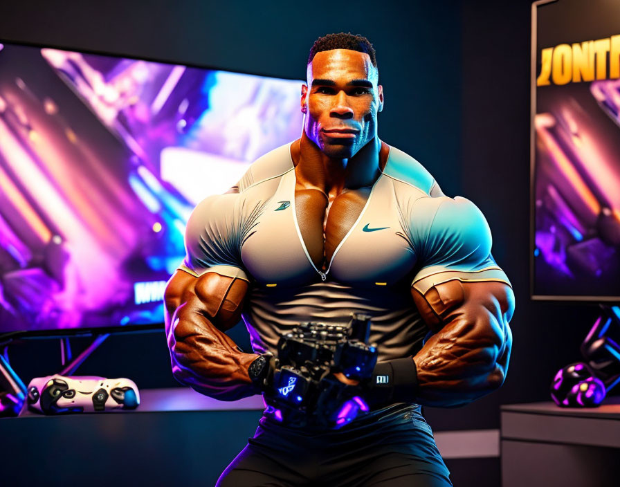 Muscular person in sports shirt with gaming setup and neon lights.