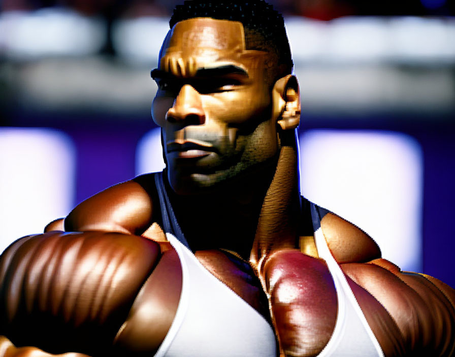 Muscular animated male character in tank top for combat.