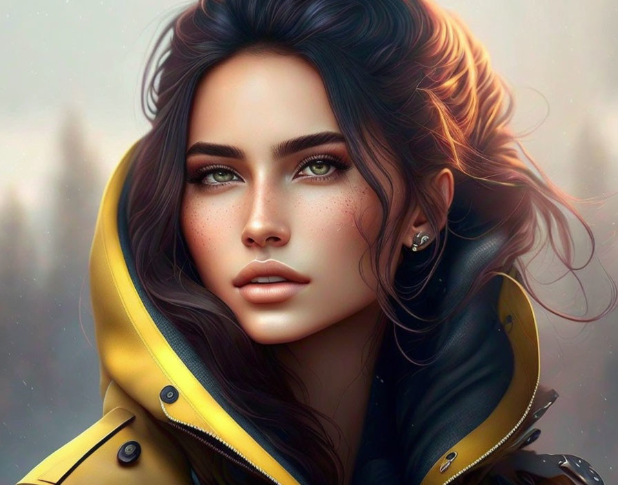 Woman with flowing hair and green eyes in yellow jacket digital artwork