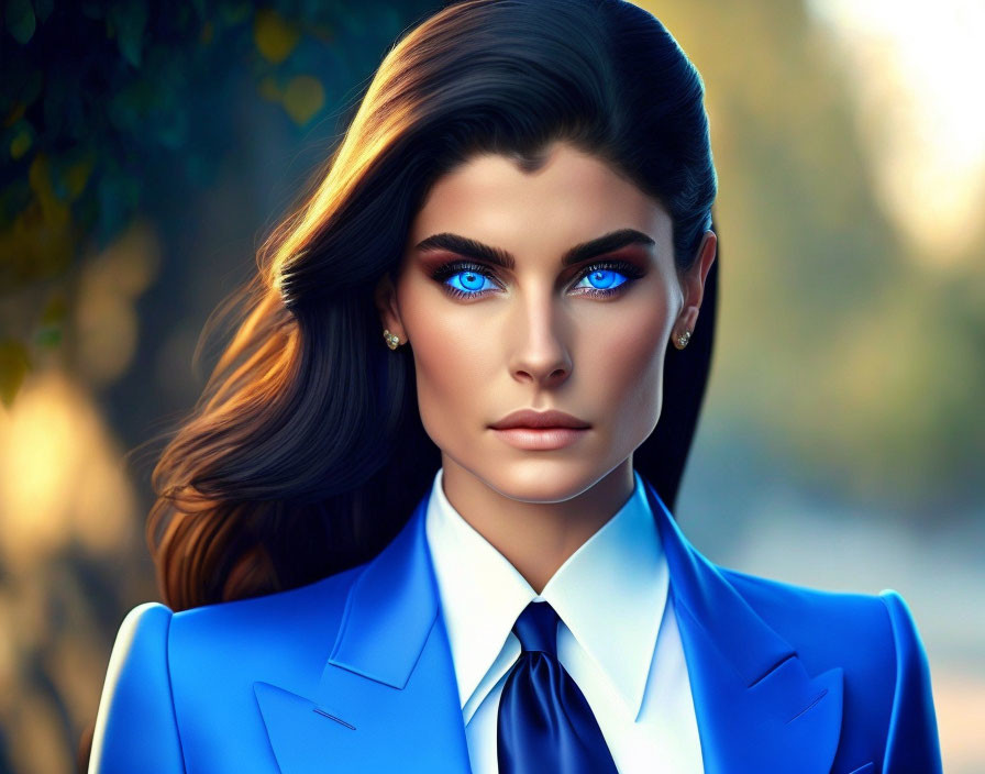 Vibrant blue-eyed woman in blue suit against blurred background