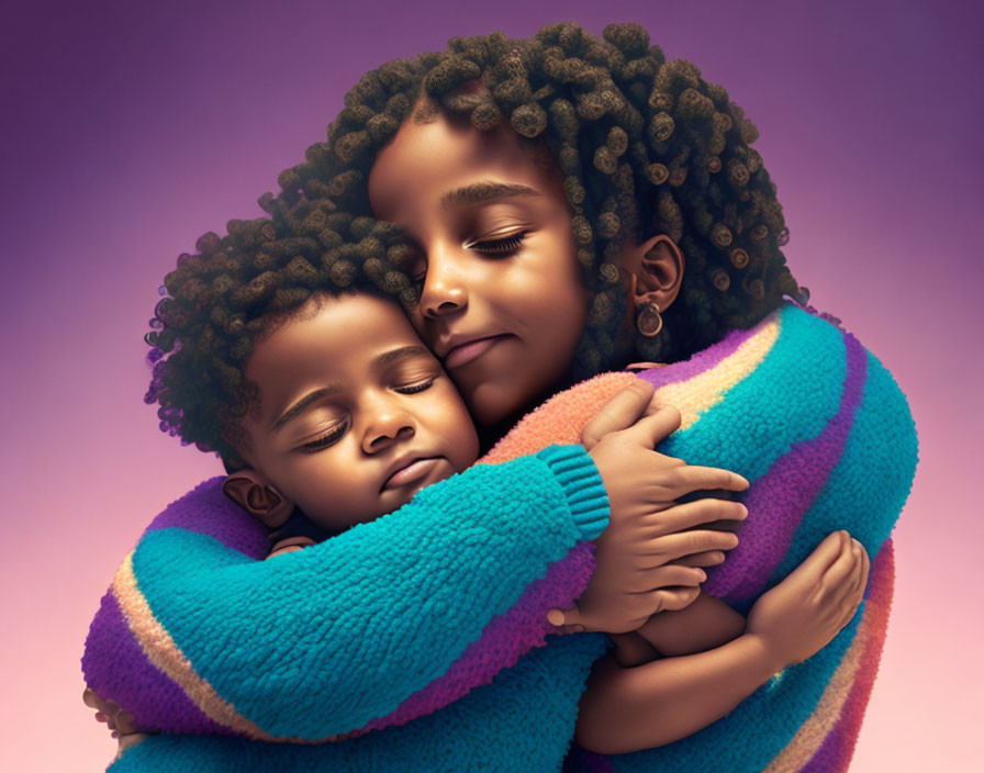 Animated characters embrace in curly hair against purple backdrop