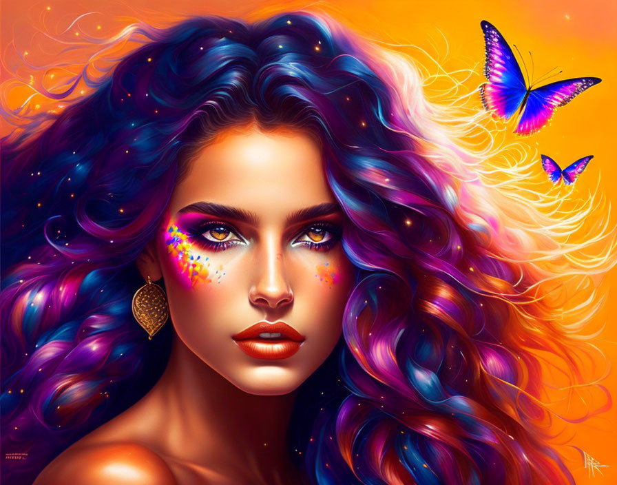 Colorful digital portrait of woman with blue and purple hair and butterfly on vibrant background