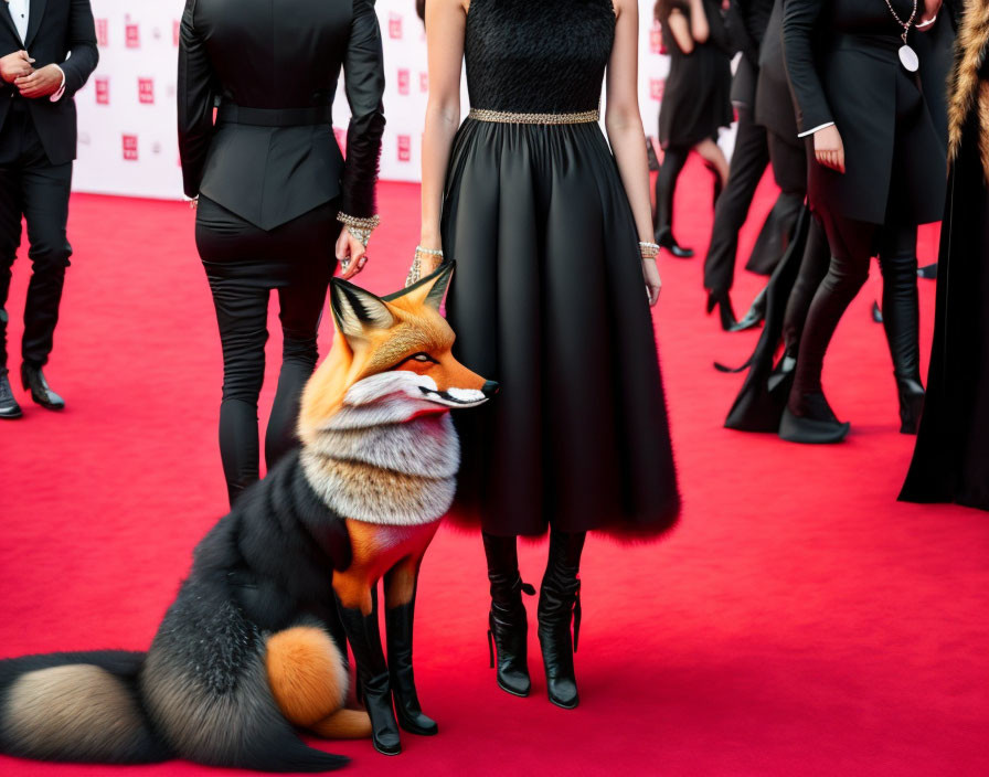 Fox on red carpet at formal event with people in elegant attire