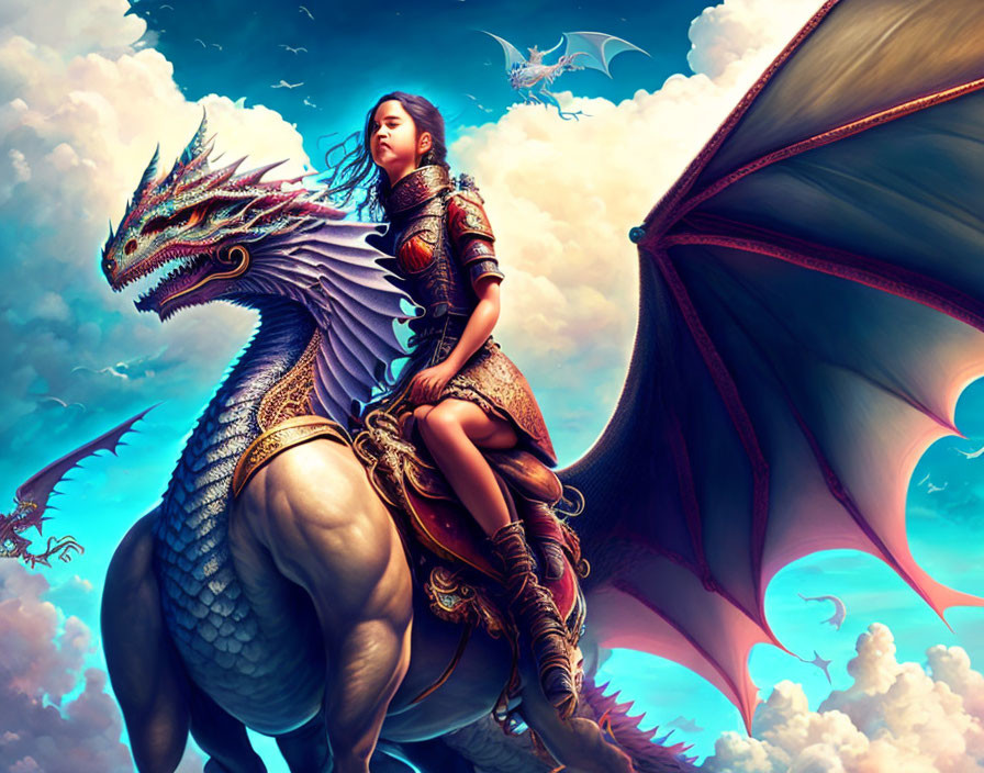 Warrior woman in armor riding majestic dragon in surreal sky