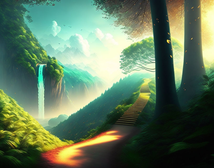 Fantasy landscape with waterfall, mountains, and sunlit stairway