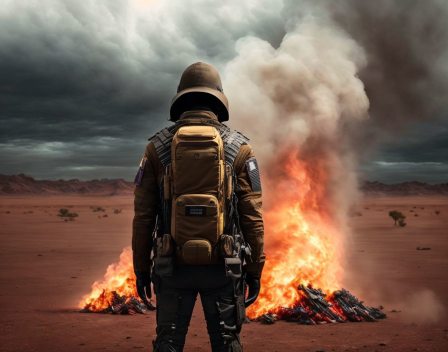 Astronaut in front of blazing fire in desert with dark clouds