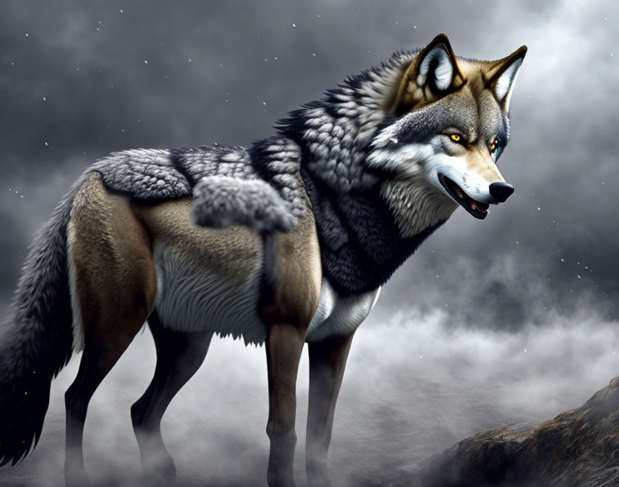 Realistic gray wolf on rocky terrain under misty sky