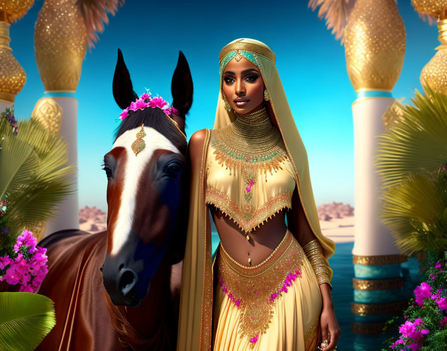 Luxurious golden attire woman with horse in desert scenery