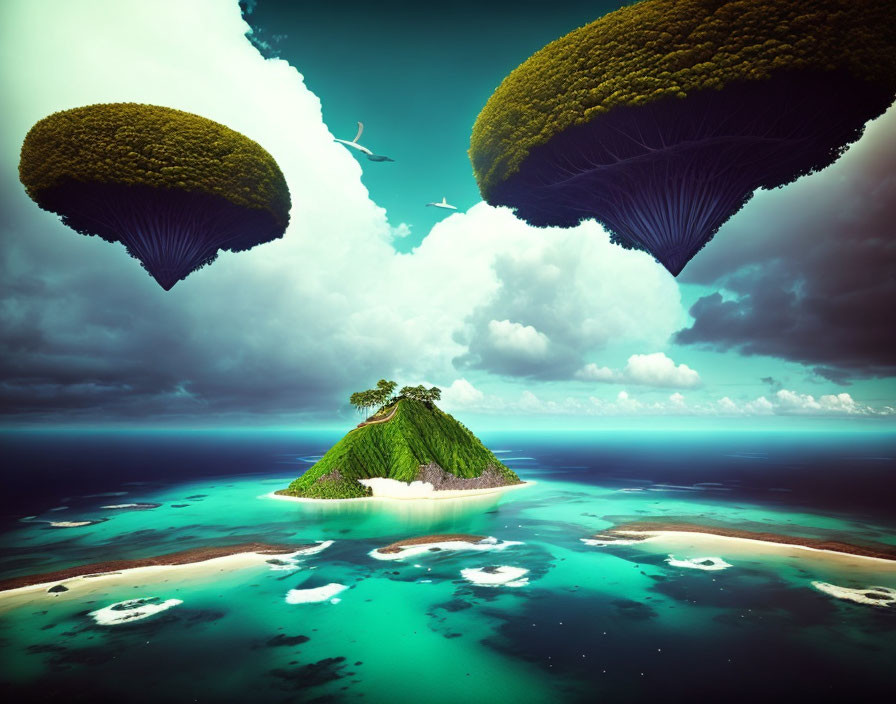 Fantastical landscape with floating islands and lush green trees above tranquil ocean