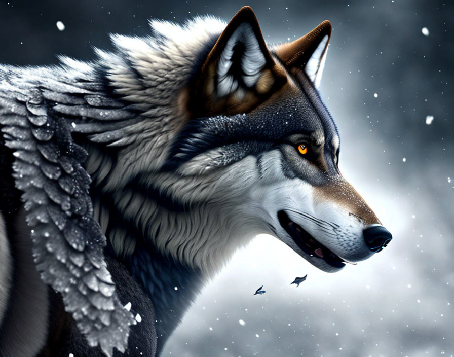 Detailed digital art: Wolf with amber eyes in snowy landscape