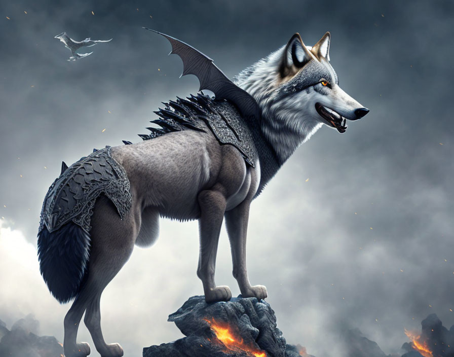 Fantasy illustration: Large wolf with dragon wings and armor on rocky outcrop with dramatic sky.