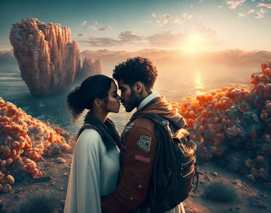 Couple about to kiss in surreal desert landscape at sunrise