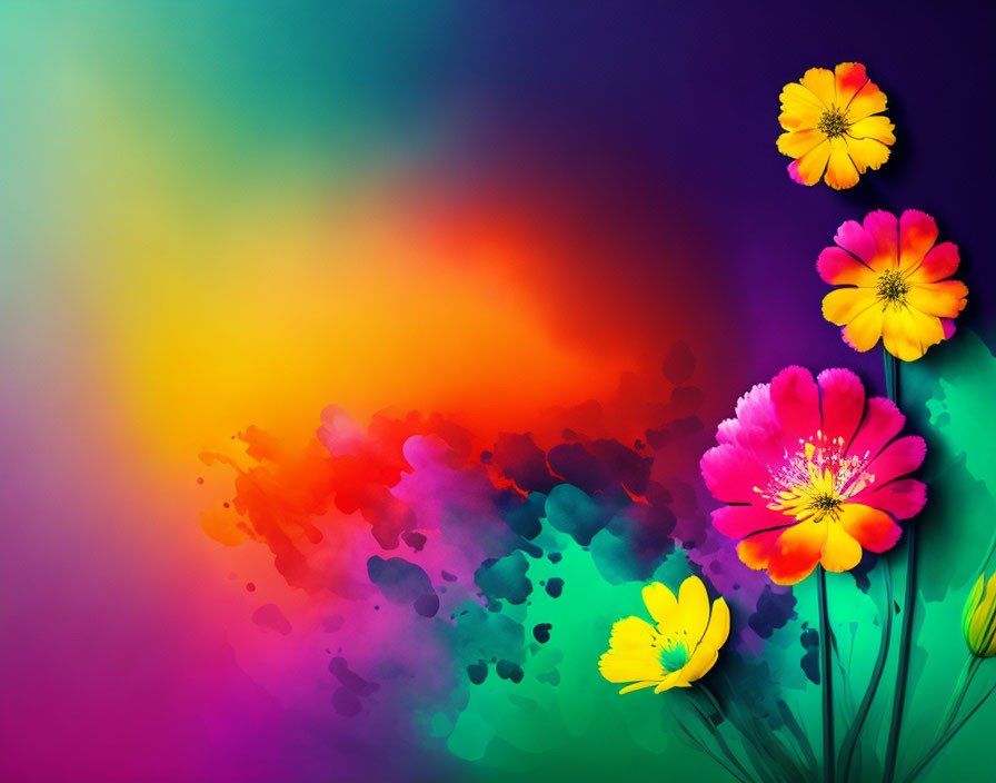 Colorful digital art: Blue to orange gradient background with vibrant flowers.